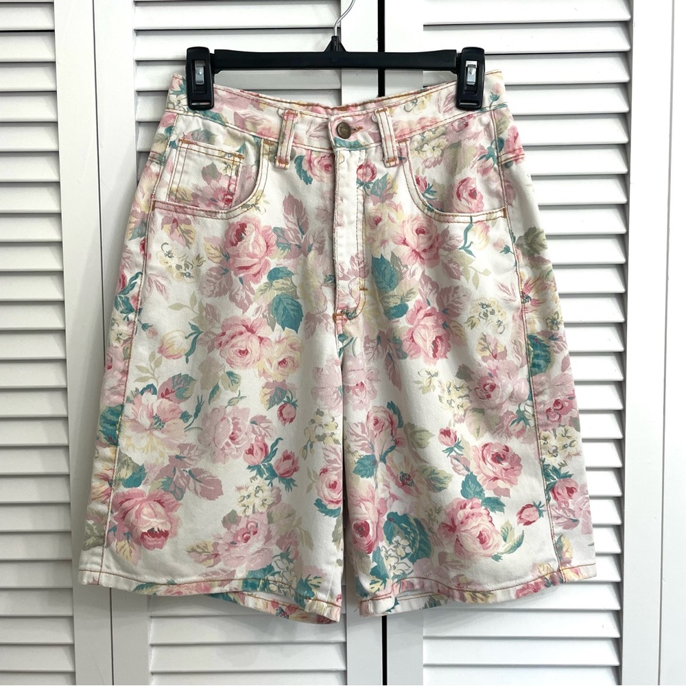 Vtg Zena Pink White Floral Floral Mom Jean Shorts High Waist Grandma Cottage 6